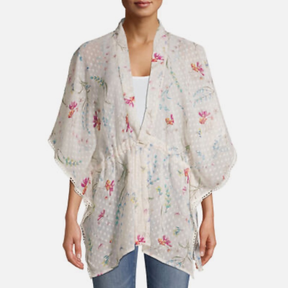 🔴 4/$15 No Boundaries Women’s L/XL Ivory Floral Sheer Kimono Coverup Top in EUC